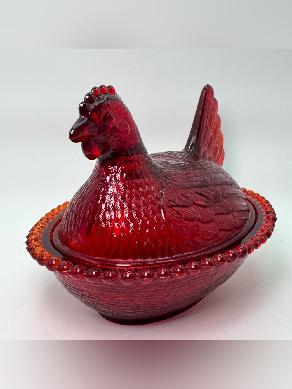 Vintage Indiana Glass Ruby Red Flash Hen on Nest Beaded Rim Amber Glass USA